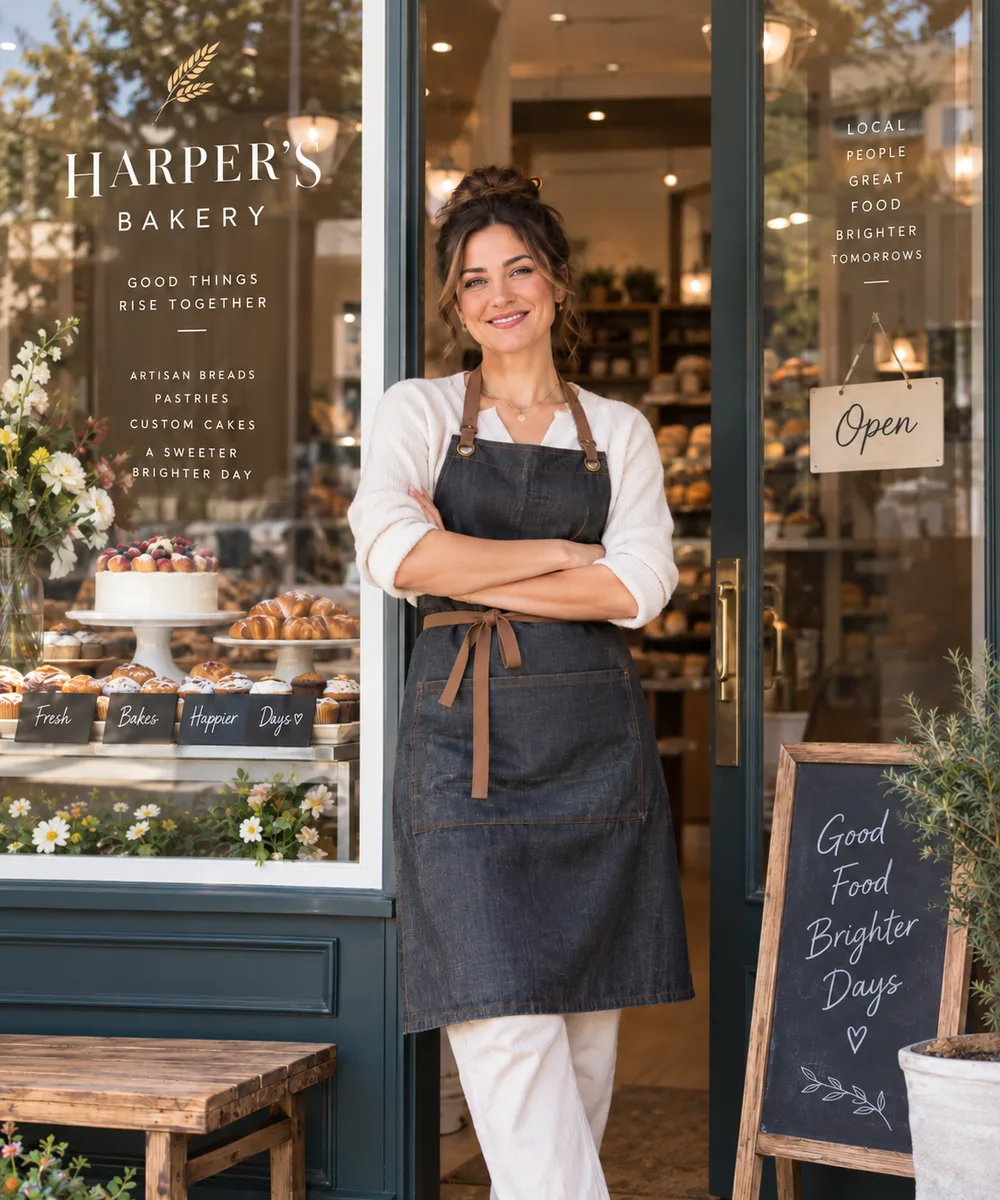 Local bakery owner in her shop doorway