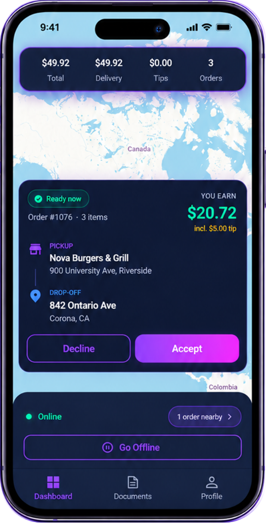 The GalaxyGo Pilot app showing a delivery offer with pickup, drop-off and earnings before you accept