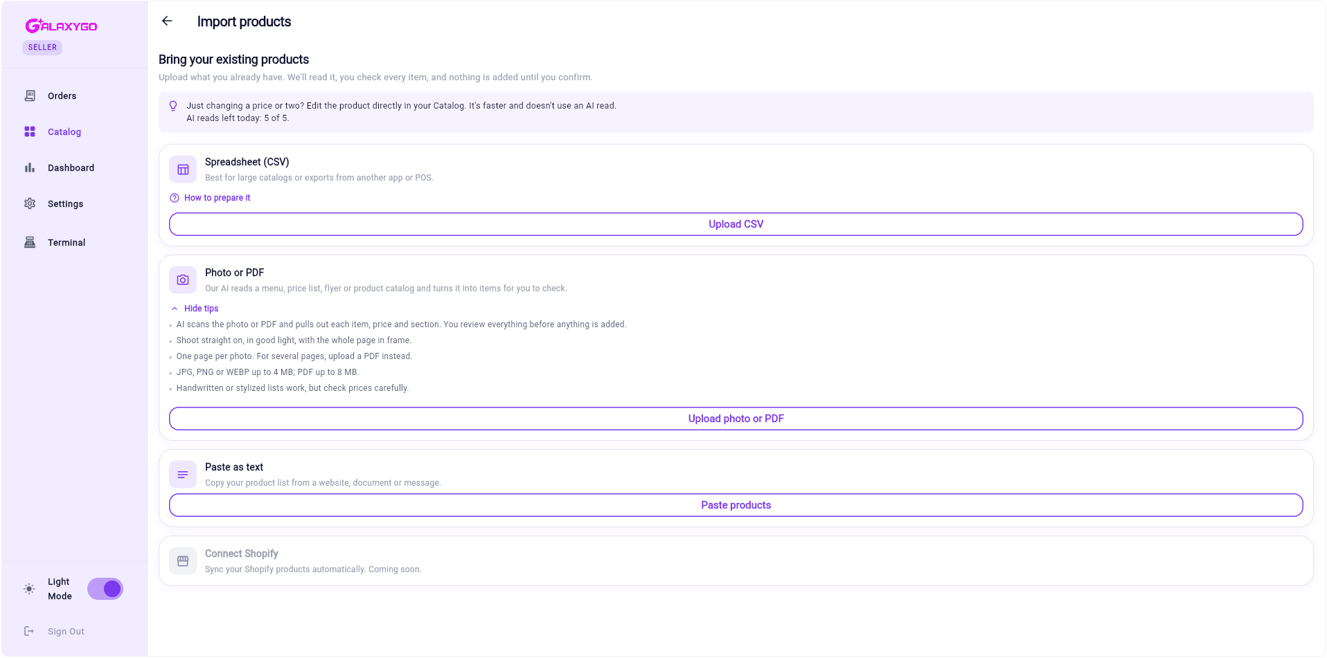 El portal GalaxyGo Business en una computadora: importa productos desde una hoja de cálculo, una foto o PDF, o texto pegado